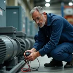 Technicien inspectant un condensateur sur un moteur électrique industriel avec un multimètre dans un atelier de maintenance