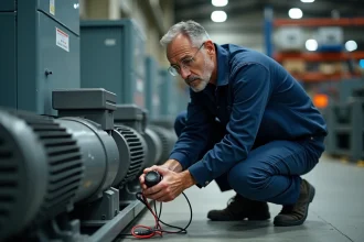 Technicien inspectant un condensateur sur un moteur électrique industriel avec un multimètre dans un atelier de maintenance