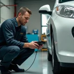 Technicien automobile diagnostiquant le code erreur P2563 sur une Peugeot 207 blanche avec un scanner OBD-II dans un garage professionnel