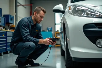 Technicien automobile diagnostiquant le code erreur P2563 sur une Peugeot 207 blanche avec un scanner OBD-II dans un garage professionnel