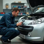 Technicien automobile diagnostiquant le système antipollution défaillant d'une Peugeot 207 dans un atelier mécanique professionnel