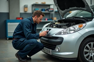 Technicien automobile diagnostiquant le système antipollution défaillant d'une Peugeot 207 dans un atelier mécanique professionnel