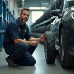 Technicien automobile inspectant un pneu neuf dans un centre de montage professionnel