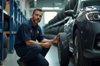 Technicien automobile inspectant un pneu neuf dans un centre de montage professionnel