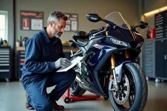 Mécanicien moto professionnel examinant un disque de frein