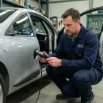 Technicien automobile connectant un scanner OBD2 à une Renault Clio 4 pour récupérer le code d'authentification dans un garage professionnel