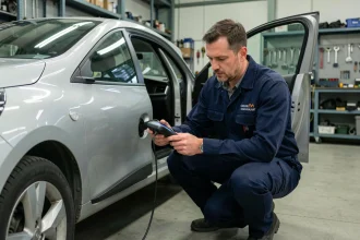 Technicien automobile connectant un scanner OBD2 à une Renault Clio 4 pour récupérer le code d'authentification dans un garage professionnel