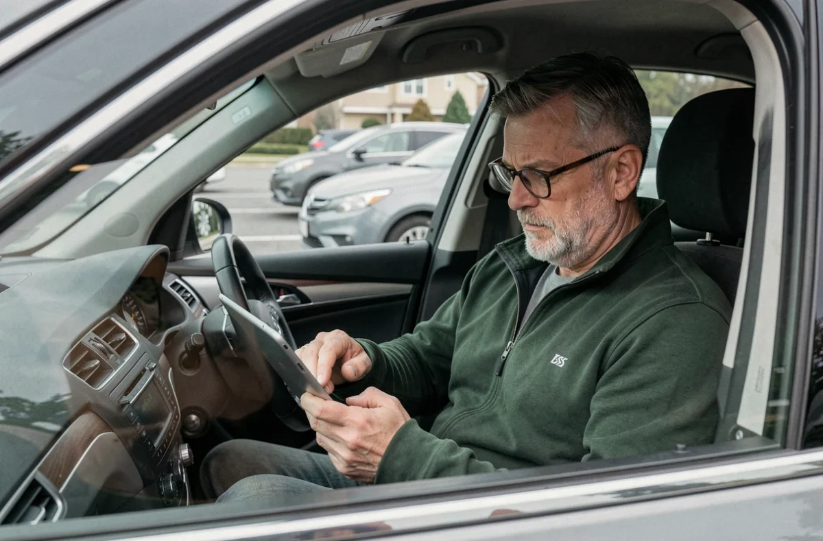 Homme utilisant une tablette dans sa voiture pour effectuer un test comparatif d'assurance auto