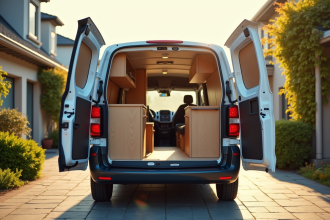 Véhicule Peugeot Expert aménagé en camping-car lumineux