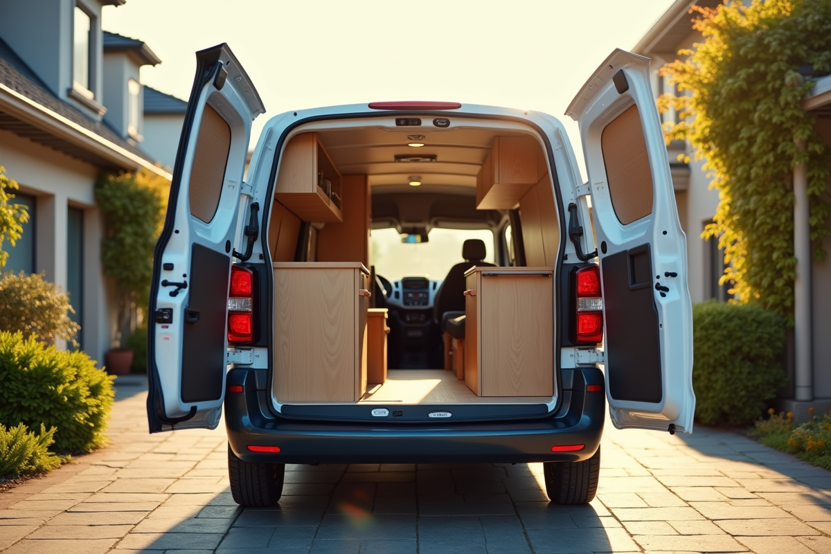 Véhicule Peugeot Expert aménagé en camping-car lumineux