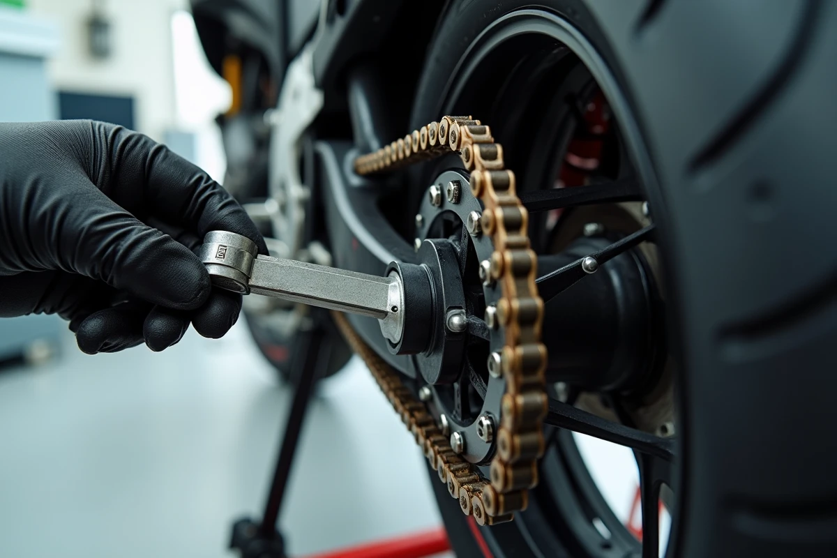 Vérification détaillée de la chaîne et de l'usure du pneu d'une moto lors du contrôle technique