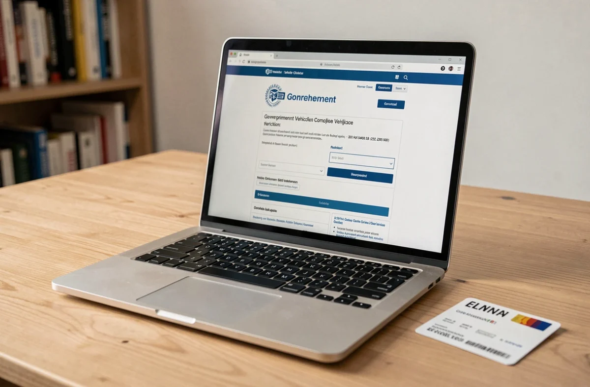 Vérification en ligne sur un ordinateur portable de l'éligibilité d'un véhicule à la vignette Bruxelles de 35 euros avec documents et carte bancaire