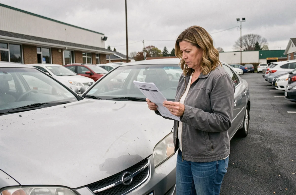 Femme vérifiant le rapport d'historique d'un véhicule d'occasion dans un parking de concessionnaire de voitures abordables