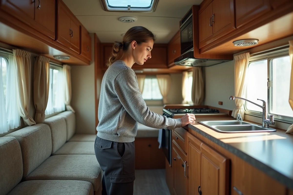 Femme vérifiant l'intérieur d'un camping-car Autostar d'occasion, inspection des équipements de cuisine avant signature