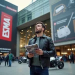Visiteur au salon moto EICMA Milan 2026 devant l'entrée de la Fiera Milano avec son guide en main