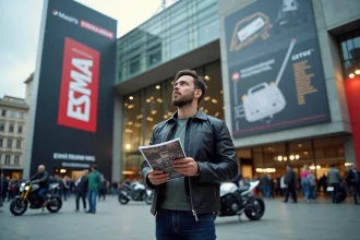 Visiteur au salon moto EICMA Milan 2026 devant l'entrée de la Fiera Milano avec son guide en main