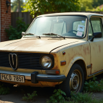 Voiture ancienne garée dans une cour avec document d'assurance