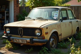 Voiture ancienne garée dans une cour avec document d'assurance