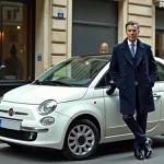 Homme appuyé contre la voiture la plus vendue en France dans une rue parisienne typique