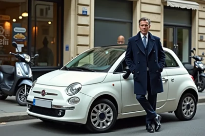 Homme appuyé contre la voiture la plus vendue en France dans une rue parisienne typique