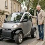 Homme adulte à côté d'une voiture sans permis garée dans une rue résidentielle française