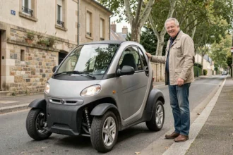 Homme adulte à côté d'une voiture sans permis garée dans une rue résidentielle française