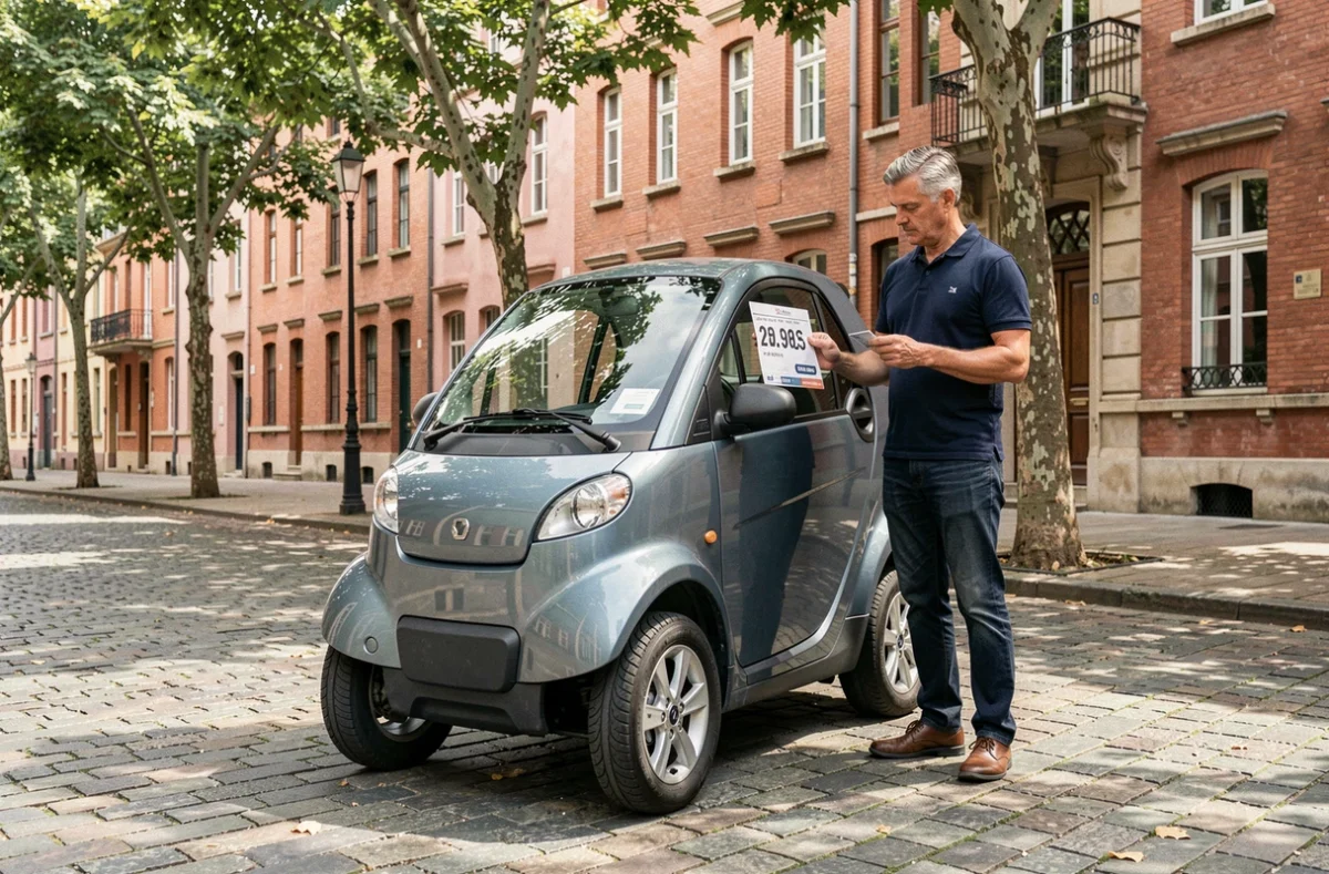 Homme examinant le prix d'une voiture sans permis électrique garée sur un pavé à Toulouse avec façades en briques roses