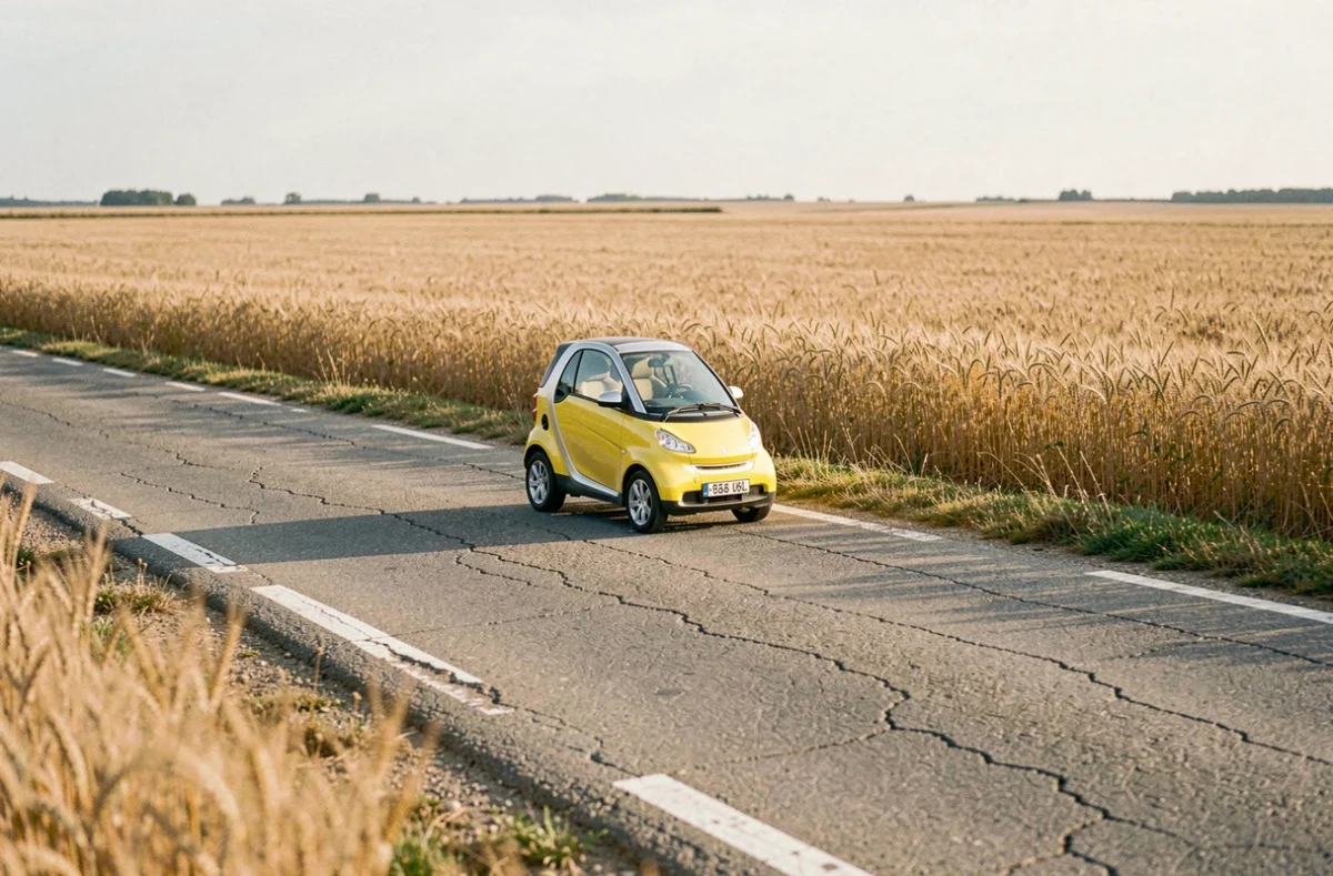 Voiture sans permis électrique roulant sur une route de campagne française entourée de champs de blé