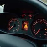 Tableau de bord Peugeot 208 avec voyant orange allumé pendant la conduite