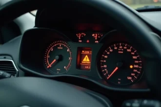 Tableau de bord Peugeot 208 avec voyant orange allumé pendant la conduite