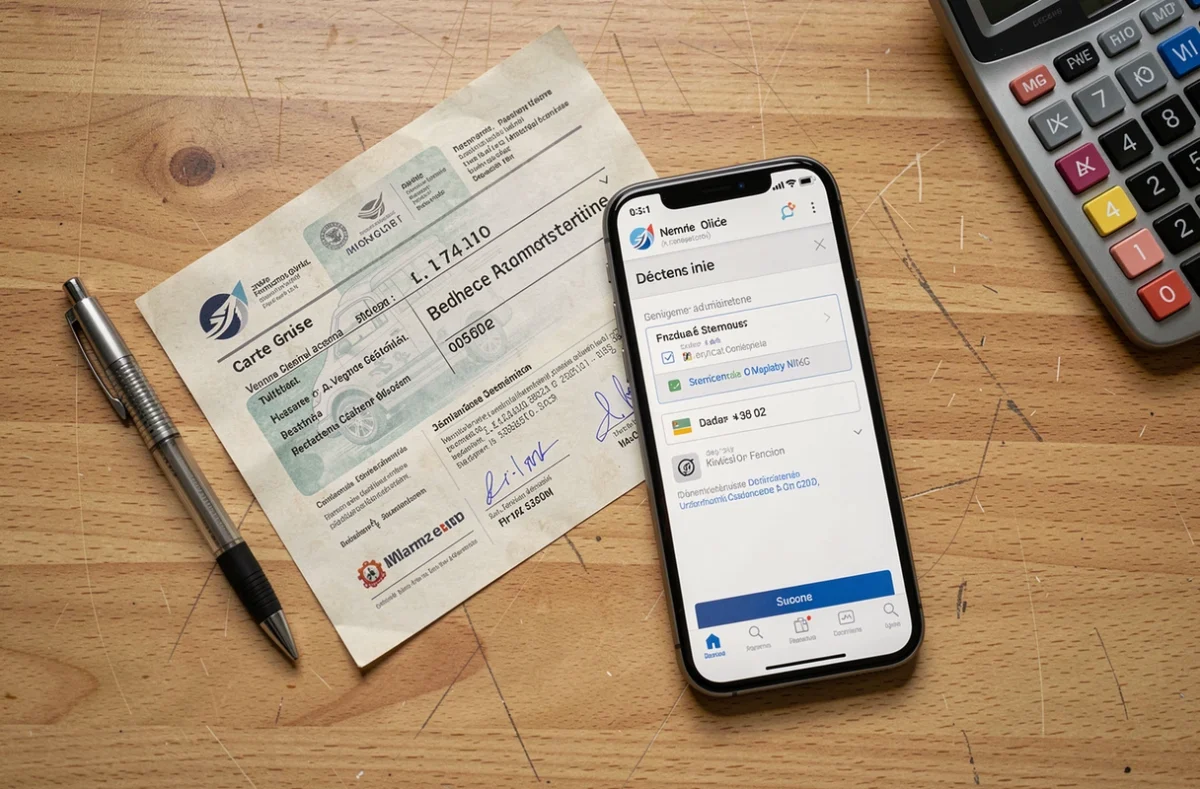 Vue aérienne d'une carte grise française, d'un smartphone avec formulaire en ligne et d'une calculatrice sur un bureau en bois